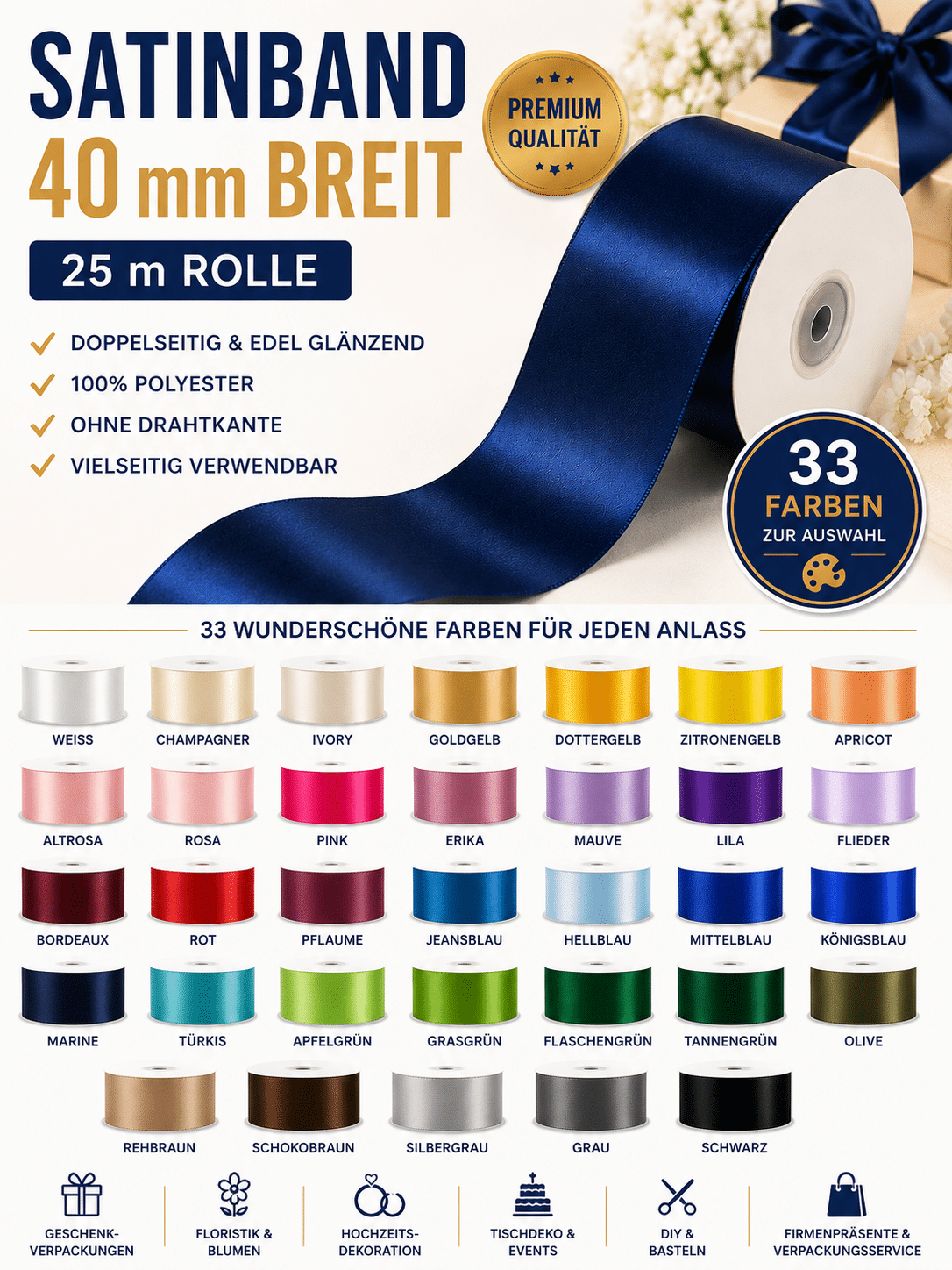 Satinband 40mm viele Farben Übersicht
