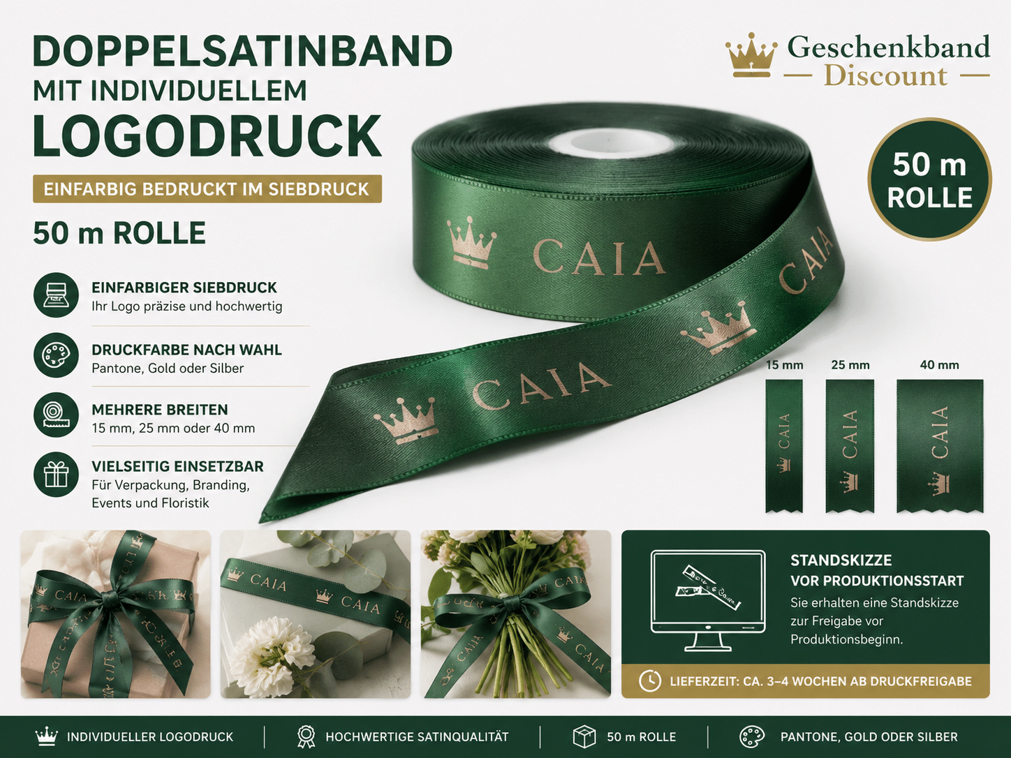 Satinband mit Logo Infografik Doppelsatinband mit Logo – 50 m Rolle individuell bedruckt in vielen Farben – Bild 6