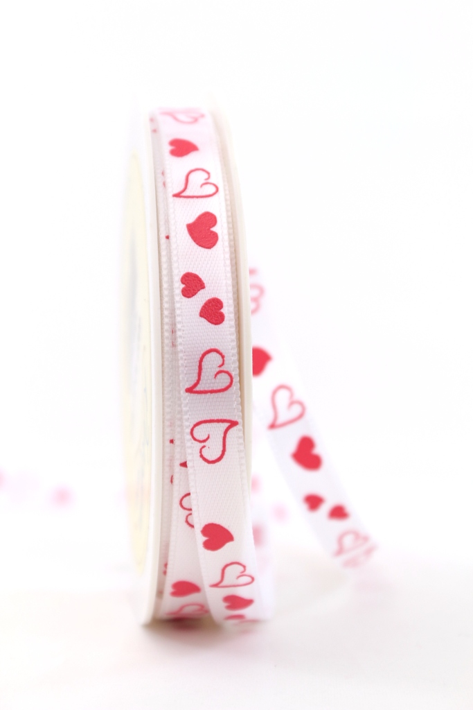 3 Meter x 25 mm Satin Schleifenband Weiß mit roten Herzen Dekoband Hochzeit 