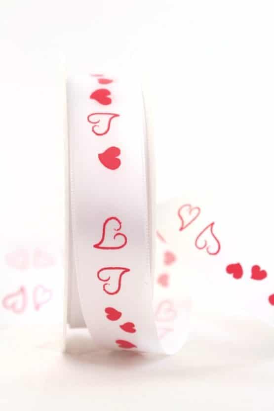 Satinband mit roten Herzen, 25 mm breit - hochzeit, valentinstag, geschenkband-mit-herzen, geschenkband-fuer-anlaesse, hochzeitsdeko, muttertag, anlasse