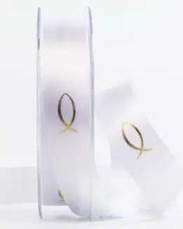 Satinband Fische für Kommunion/Konfirmation, gold, 25 mm breit - geschenkband-fuer-anlaesse, kommunion-konfirmation, anlasse