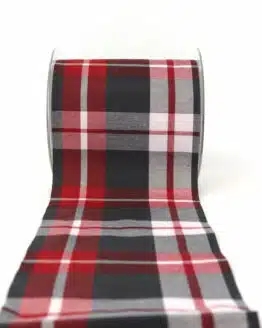Tischband Nordic-Style, rot-grau, 100 mm - geschenkband-weihnachten-gemustert, geschenkband-weihnachten-kariert, karoband, weihnachtsbaender