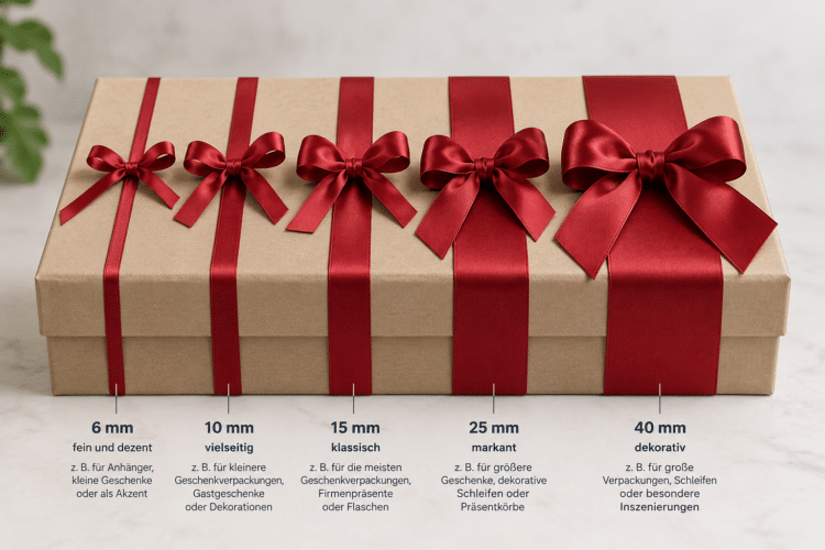 Vergleich verschiedener Bandbreiten auf einer Geschenkbox Geschenkbox mit roten Satinbändern in 6, 10, 15, 25 und 40 mm Breite im direkten Vergleich.
