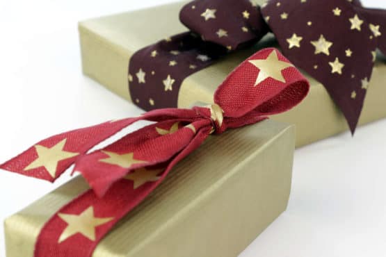 Dekoband Weihnachten, bordeaux-gold, 25 mm, mit Draht - weihnachtsbaender, geschenkband-weihnachten-gemustert, geschenkband-weihnachten