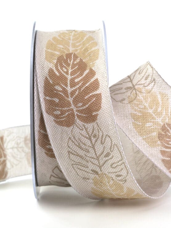Changierendes Schleifenband Blätter, braun, 40 mm breit - geschenkband, geschenkband-gemustert, 30-rabatt, sonderangebot