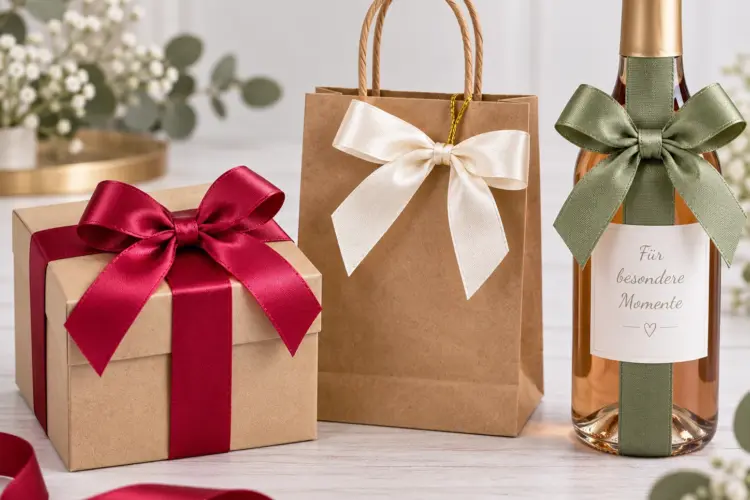 schleifen-befestigen Geschenkbox, Geschenktüte und Flasche mit unterschiedlich befestigten Fertigschleifen.