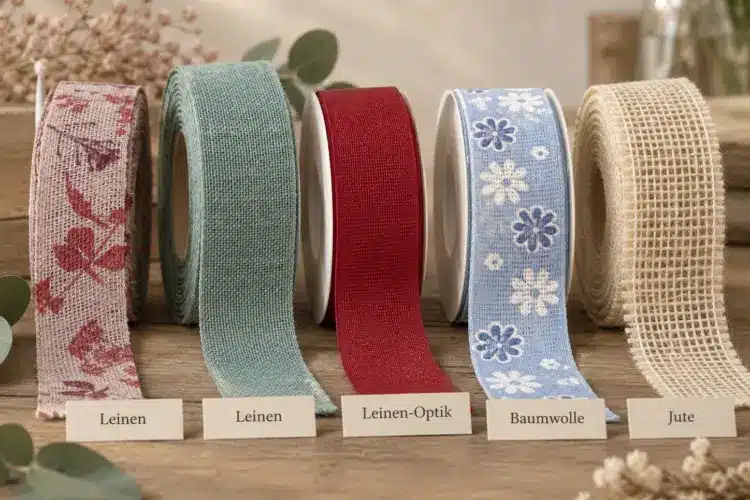 Geschenkbänder aus Leinen, Baumwolle und Jute sowie ein rotes Band in Leinenoptik im Vergleich.